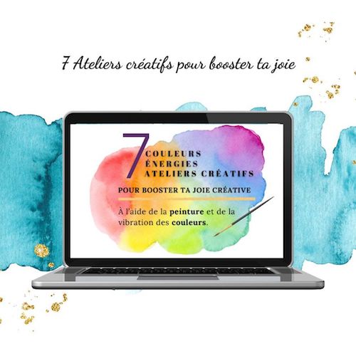 un écran aec des tâches de couleurs d'aquarelle qui présente 7 ateliers