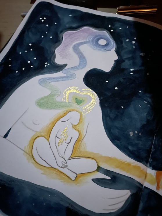 un dessin de femme de profil qui a à l'intérieur d'elle une femme assise en tailler et qui montre une direction.